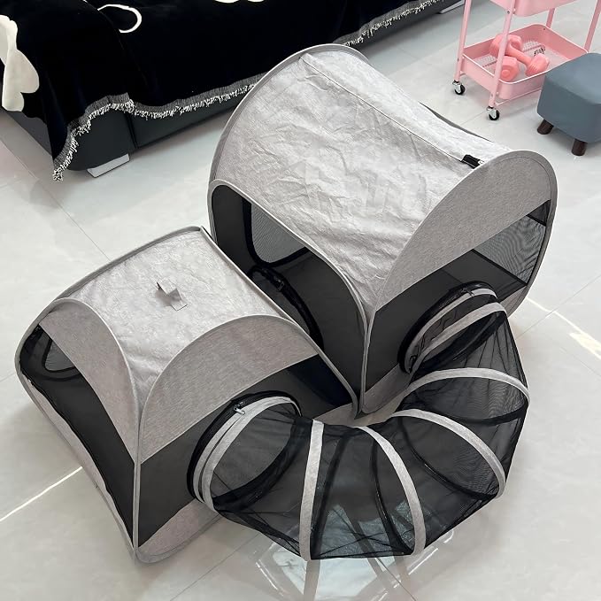 Portable 3-in-1 Cat Playpen, Outdoor Pop-up 2-Room Pet Playpen with Tunnel, Foldable Cat Dog Crate Play Enclosure with Separate Areas for Puppy Kitten and Small Animals Indoor Travel