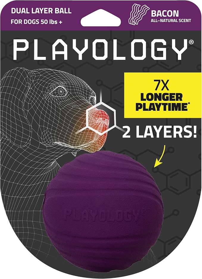 Playology Dog Toys | Dual Layer Ball Durable Chew Toy for Tough Chewers | Bacon Scented Jumbo Dog Toy | Chew Toys for Large Dogs