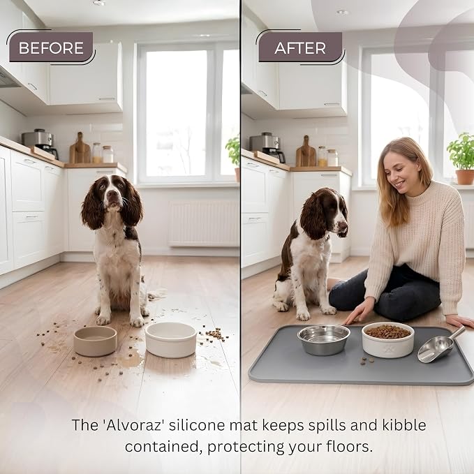 Silicone Pet Feeding Mat 2 Pack 19 x 12 Inch Waterproof Dog & Cat Food Mat with Raised Edge, Non Slip BPA Free Dog Bowl Mat for Food and Water Bowls, Spill Proof Floor Protector (Grey)