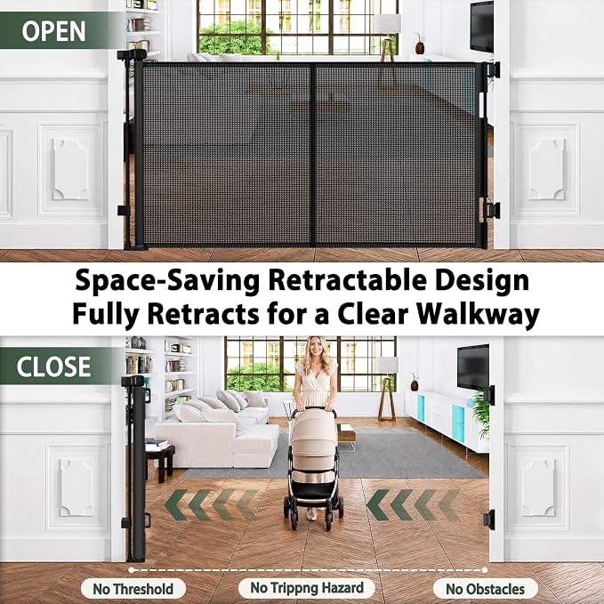 KISKIZ 59 Inch Wide Retractable Baby Gates, Reinforced Retractable Gate with Support Rods to Prevent Crawling Through, 5 FT Retractable Dog Gate for Stairs, Doorways, Hallways, Indoor/Outdoor, Black