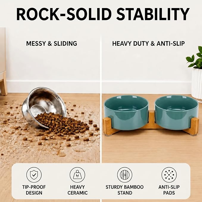 SPUNKYJUNKY Ceramic Dog and Cat Bowl Set with Wooden Stand, Modern Cute Weighted Food Water Set for Small Size Dogs (13.5OZ) & Medium Sized Dogs (28.7OZ) & Cats (3.6 Cups, 2 × Light Green)