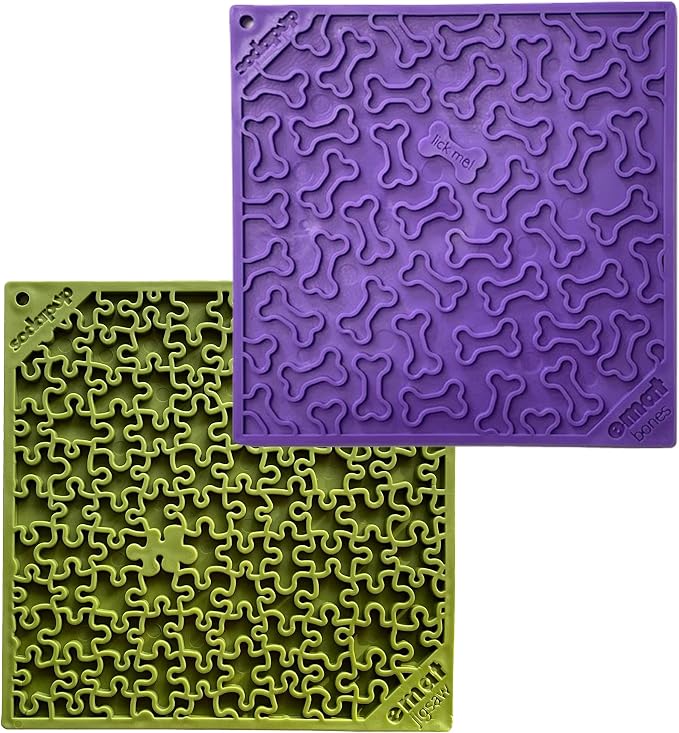 SodaPup Purple Bones & Green Jigsaw eMat Bundle – Durable Lick Mat Feeder Made in USA from Non-Toxic, Pet-Safe, Food Safe Rubber for Avoiding Overfeeding, Digestive Health, Calming, & More