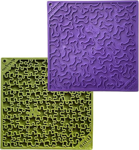 SodaPup Purple Bones & Green Jigsaw eMat Bundle – Durable Lick Mat Feeder Made in USA from Non-Toxic, Pet-Safe, Food Safe Rubber for Avoiding Overfeeding, Digestive Health, Calming, & More