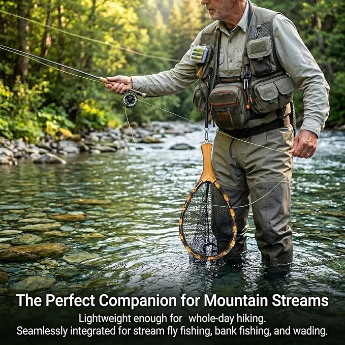 Floating Handcrafted Bamboo Fly Fishing Landing Net, Solid Wood Handle, Soft Rubber Coated Mesh for Trout, Kayak & Stream Fishing, Includes Magnetic Release & Safety Lanyard