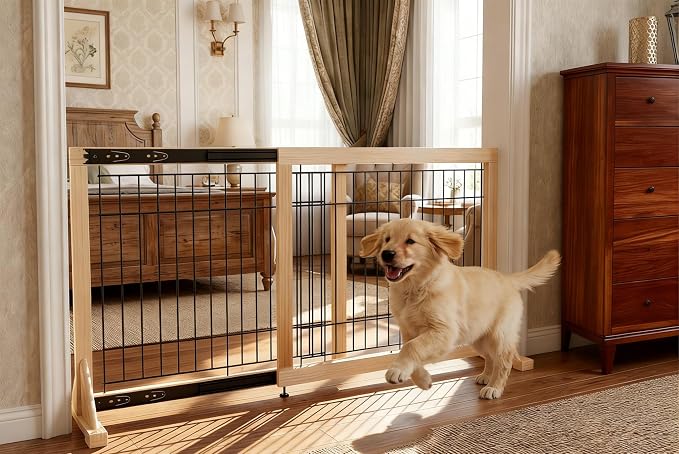 Freestanding Wooden Dog Gate for Doorways & Stairs, Adjustable Width 23.6"–45.3", No-Drill Indoor Pet Barrier for Small Dogs & Puppies, Foldable Dog Gate for Hallways, 23.6" Tall