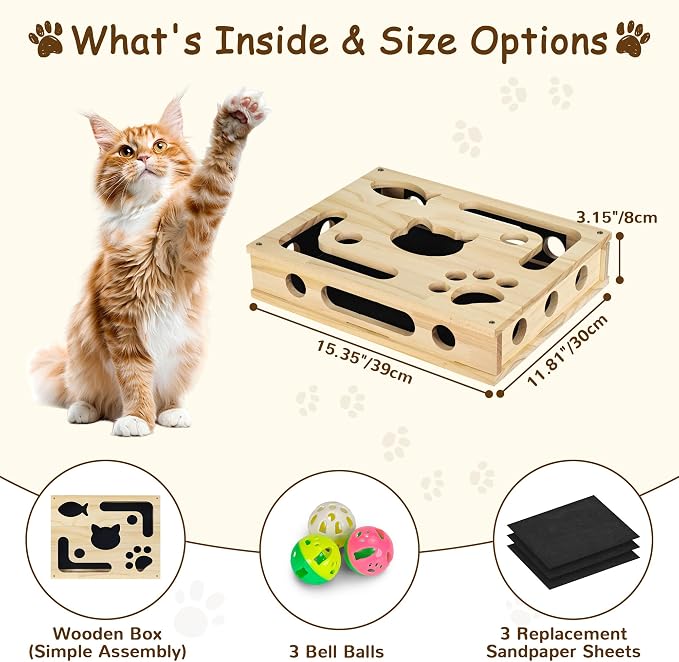 Cat Nail File Box, Interactive Wooden Cat Scratch Puzzle Toy with Sandpaper, Includes 3 Bell Balls & 3 Replacement Pads for Indoor Cats, Stress-Free Enrichment Claw Care (Large)