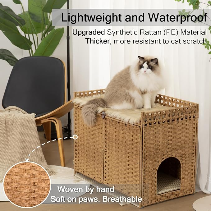 Furriends Cat Litter Box Enclosure with 2 Mats, Handwoven Rattan Hidden Litter Box Furniture Large 30.3”L x 18.2”W x 24.2”H, Double as Indoor Cat House or Side Table for Living Room Hallway, Tan