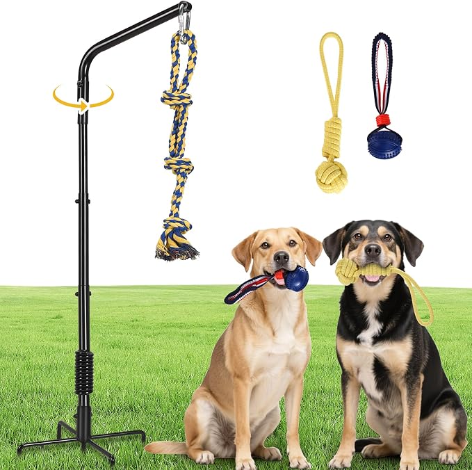 AugFir Tether Outdoor Dog Rope Toy with Strengthen Spring Pole, 3 Kinds Dog Tug of War Toys for Self Play and Interactive in Park, Yard, Lawn Rope, Suitable for Large Medium Small Dogs (Dark)