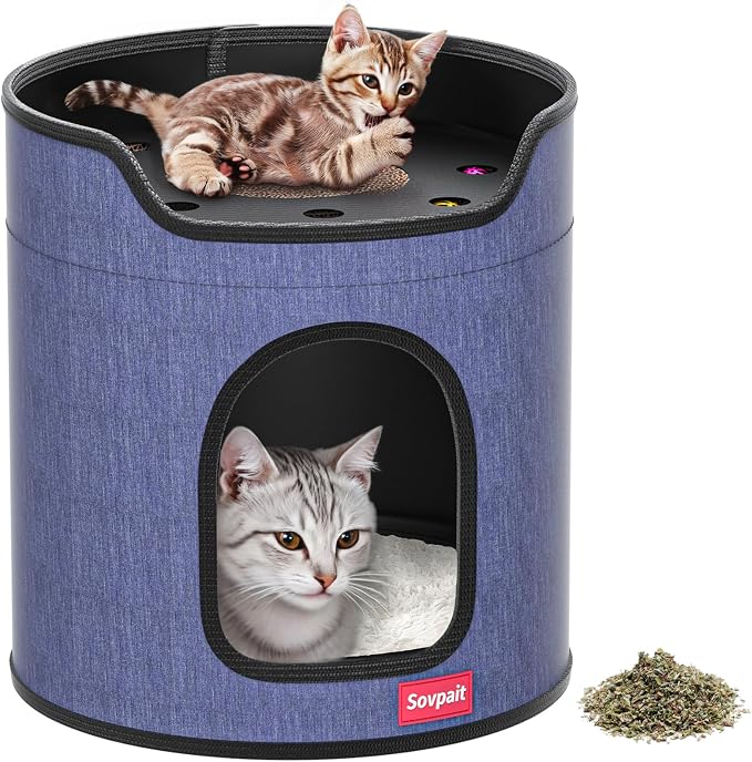 Cat House for Indoor Cats Large Double Cat Bed Cave with Cat Scratcher Pad Toys w/Catnip,Soft Washable Cushion Cat House Shelter D15xH15in Blue (Cardboard Cat Scratcher)