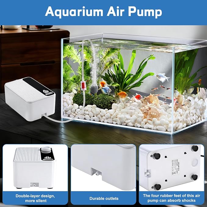 Aquarium Air Pump, Quiet Powerful Fish Tank Air Pump, Adjustable Fish Tank Bubbler with Air Stone, 2.3W/5.5W/8W Bubbler for Aquarium Fish Tank for Small Medium Large Fish Tank Up to 200 Gallon
