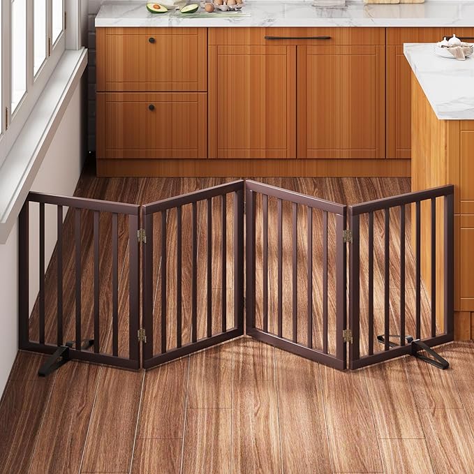 Freestanding Dog Gate Folding Brown Dog Gates for the House Doorways Stairs Pet Gates for Dogs, Doogie Puppy Fence Gate