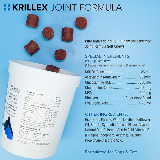 Animal Pharmaceuticals Krillex Joint Formula & Omega 3 Krill Oil for Dogs & Cats - Glucosamine for Dogs - Chondroitin, MSM, & Hyaluronic Acid for Joint Care - Cheese Flavor Chews - 60 ct, 1lb, 450g