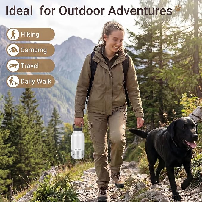 3-in-1 Dog Water Bottle Portable, 32oz Insulated Stainless Steel Pet Water Dispenser with 2 Detachable Travel Dog Bowls for Water & Food, Leak-Proof Puppy Water Bottle for Hiking, Walking (White)