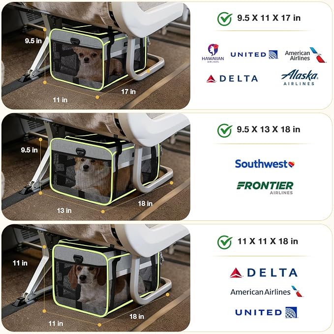 Lekereise Top-Expandable Pet Carrier 17x11x9.5 Inch Alaska Hawaiian Airline Approved Soft Sided Underseat to 12lbs Travel Carriers for Small Dogs and Cats with Locking Safety Zippers Anti-Scratch Mesh