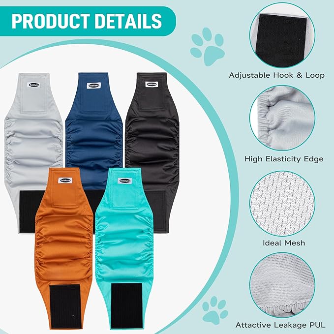 Tuiskusa Male Dog Diapers, High Absorbing Dog Belly Bands for Male Dogs, Washable Reusable Dog Male Wraps(5 Pack) (X-Small, Solid Color 5-Pack)