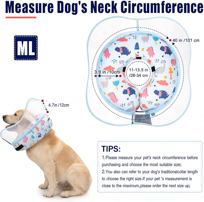 Inflatable Dog Cone Collar for Large Medium Small Dogs, Soft Dog Donut Collar Adjustable Recovery Cone for Pets After Surgery, Extra Enhanced Anti-Licking Guard Shield (Dinosaur, Medium Plus)