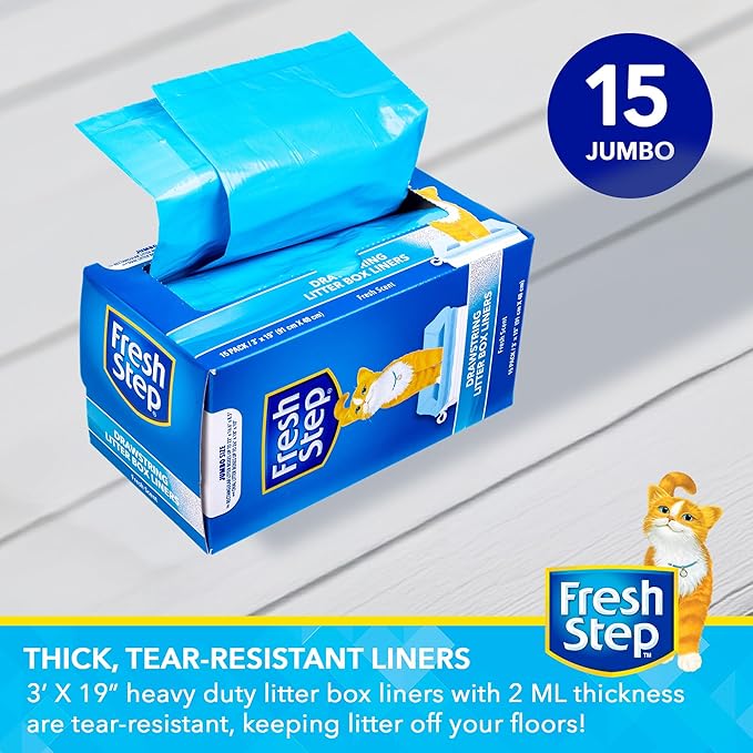 Fresh Step Jumbo Drawstring Cat Litter Box Liners Scented Heavy Duty Kitty Litter Bags for X-Large Oval or Rectangle Pans Easy Lift Out Cleanup 36 x 19 IN 15 Count Single Box Daily Box Changes