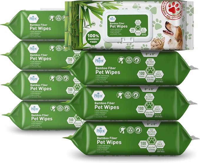 MED PRIDE Gentle Doggie Towelettes Biodegradable Pet Wipes XL – 100% Bamboo Fiber Dog & Cat Cleaning Wipes with Aloe Vera – 8”x8” Hypoallergenic Deodorizing Grooming – 8 Packs (800 Count)