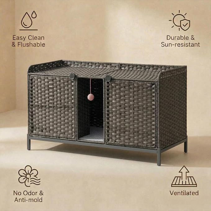 Cat Litter Box Enclosure Furniture, Handwoven Rattan Hidden Cat Washroom Cabinet with Door, Mat and S-Shaped Hooks, Large Cat House for Living Room or Bedroom, Gray