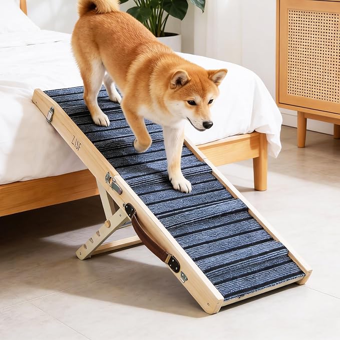 ZJSF Foldable Wooden Dog Ramp for High Bed, Dog Stairs for Small Dogs, High Traction Platform with 4 Adjustable Heights (14"-19.7"), 33" L, Supports up to 70 lbs