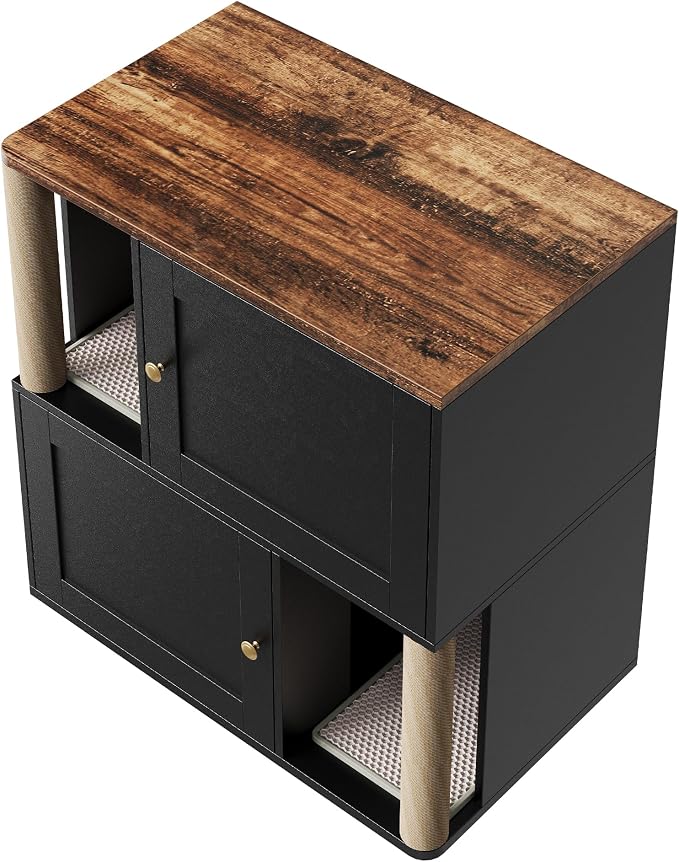 2 Tier Cat Washroom,Modern Farmhouse Double Cat Litter Box Enclosure Furniture,Hidden Cabinet with 2 Scratch Mats & Post, Multi-Functional End Side Table for 2 Cats, Odor-Control Wooden Washroom Cabin