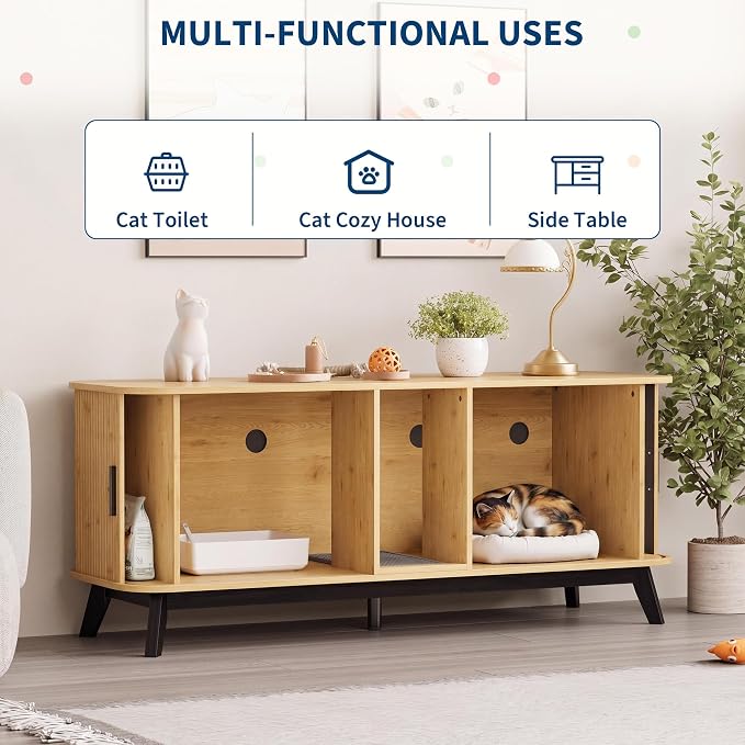 Garvee Cat Litter Box Enclosure for 2 Cats, 59" Hidden Litter Boxes Furniture with Sliding Door and Cat Litter Mat, Large Indoor Pet House, Wooden TV Stand Side Table, Natural Wood Color