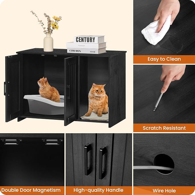 DWANTON Litter Box Enclosure, Cat Litter Box Furniture Hidden, with Scratching Mat, Wooden Cat Washroom Indoor, 31.5" L x 19.7" W x 21.7" H, Dark Gray