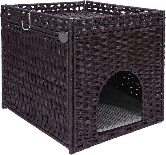 Neti Neti Cat Litter Box Enclosure Furniture, A Calm Enclosed Space Chosen by Cats, Handwoven Rattan Hidden Cabinet with 2 Removable Mats, Large Foldable Design for Indoor Use, Small, Brown
