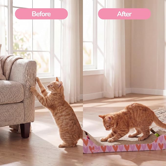 Rini 23.75" Modern Cardboard Cat Scratcher Lounge Bed with Built-in Bell Toys and Catnip, Ergonomic Curved Sofa Design, Pink/Red CSR1003D