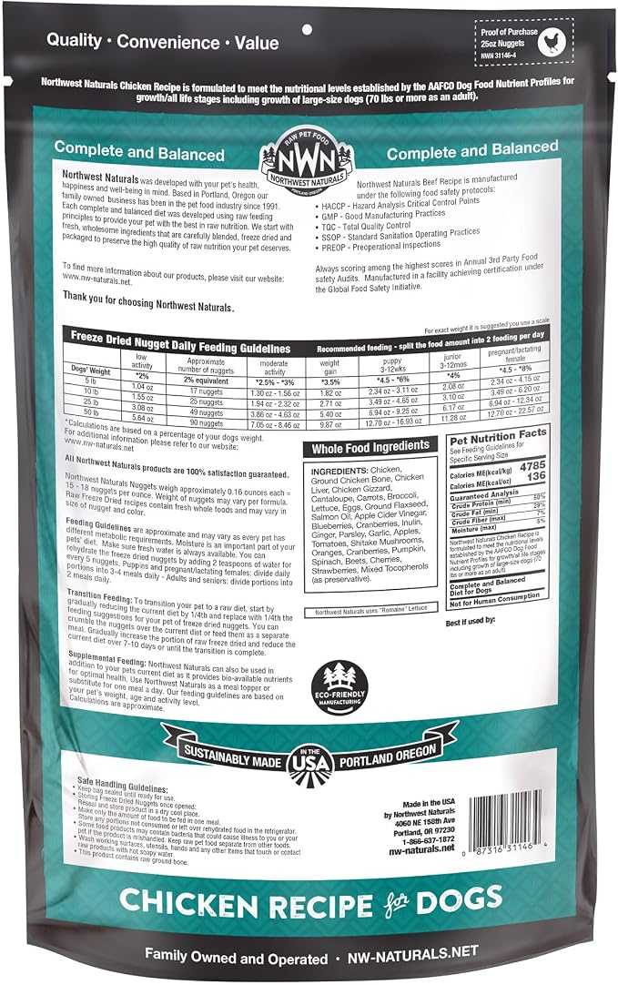 Northwest Naturals Freeze-Dried Chicken Dog Food - Bite-Sized Nuggets - Grain-Free, High-Protein, Raw Diet, Human-Grade Ingredients, All Natural, Healthy & Nutritious, Proudly Made in USA, 25 Oz