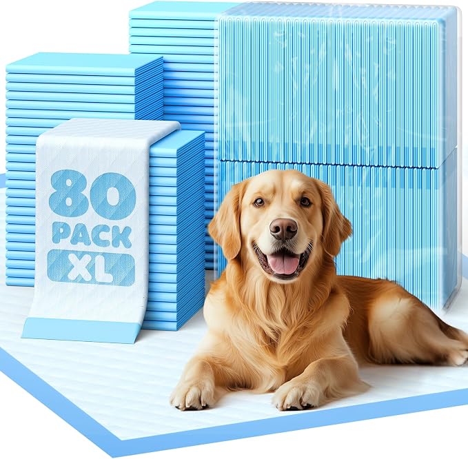 Powools Puppy Pads - 80 Packs, 34"×28" Ultra-Large Puppy Pads, Tear-ResistantPee Pads for Dogs, 6-Layer Ultra-Absorbent & Quick-Dry Blue Training Pads