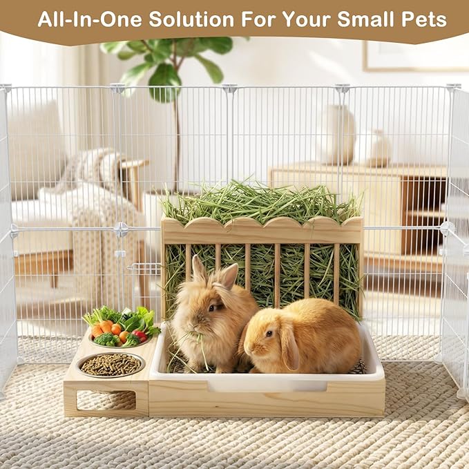 3-in-1 Wooden Rabbit Hay Feeder with Litter Box for Rabbits & Small Pets | Sturdy Wooden Hay Feeder Set for Guinea Pigs, Chinchillas, Hamsters, Ferret and Other Small Animal
