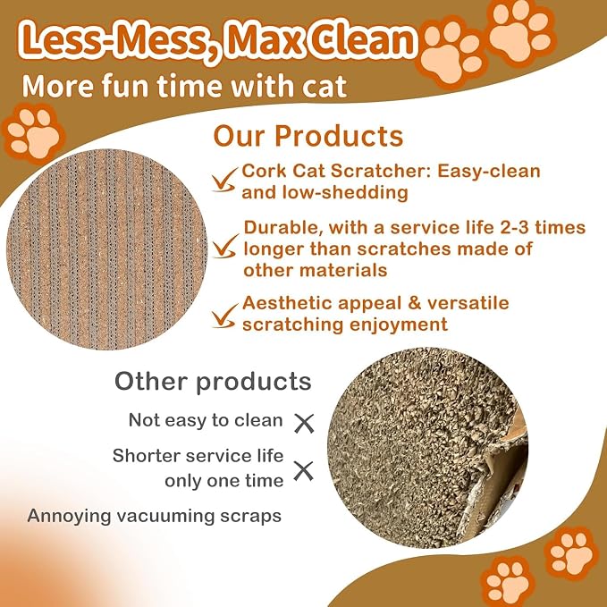 Natural Cork Cat Scratch Ardboard for Cats 2 Pack-Cat Scratcher Pads Indoor-Wall Cat Scratchers-Cat Scratcher Furniture Protector-Carpets Scratching Posts-Stretching-No Mess Splinters Easy Clean