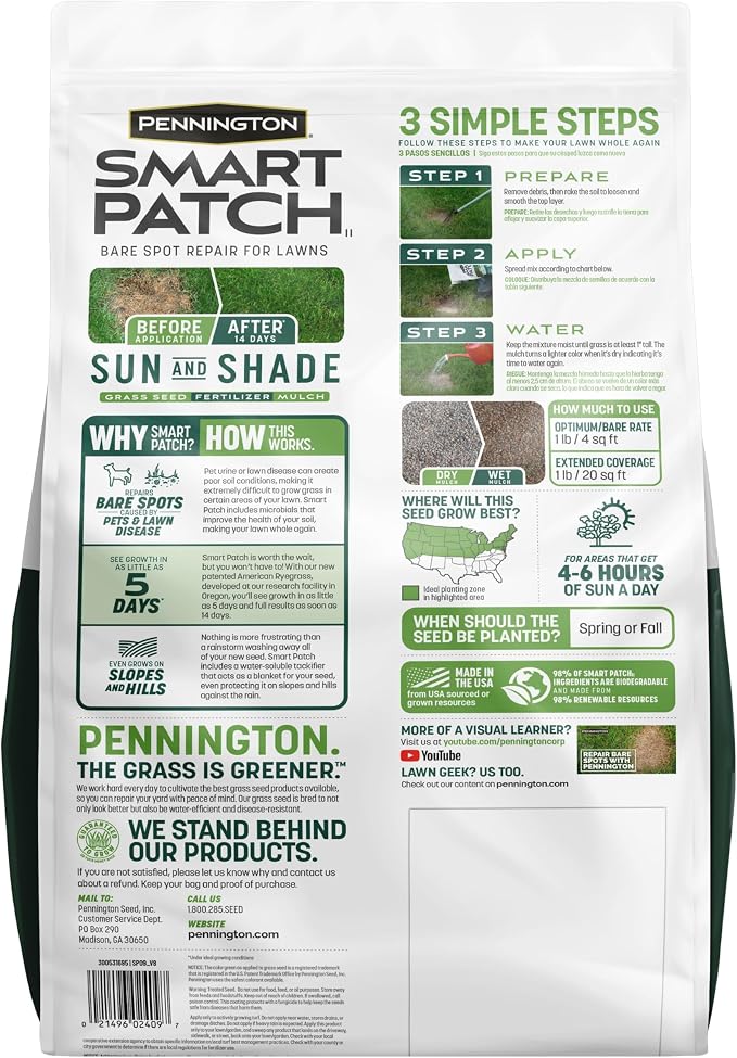 Pennington Smart Patch Grass Seeds for Lawn, Sun and Shade Lawn Grass Repair Mix, 10 LB