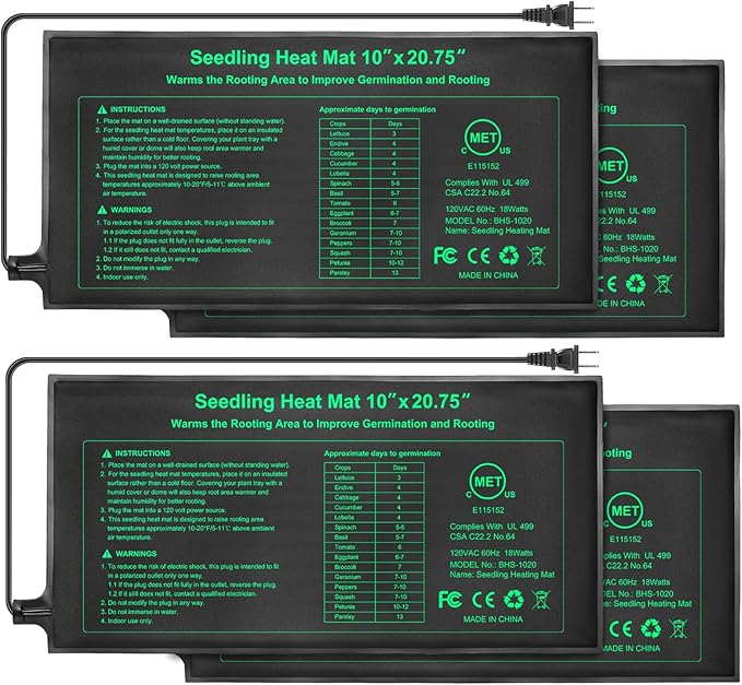 Bestio Waterproof Seeding Heat Mat 10"x 20.75", 4 Pack Durable Heat Mats for Seed Starting, UL & MET-Certified Plant Heating Pad, Indoor Gardening, Greenhouse