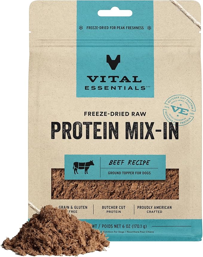 Vital Essentials Freeze Dried Dog Food Topper, Raw Beef Ground Topper for Dogs | Complete Meal or Topper | High Protein, Grain Free Dry Dog Food Mix-in | 6 oz Bag