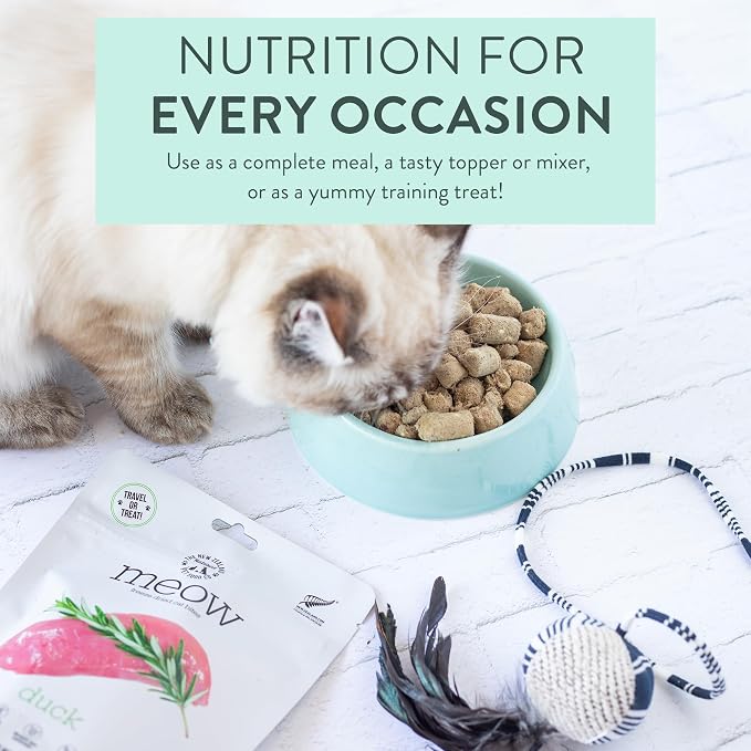 The New Zealand Natural Pet Food Co. Meow Duck Freeze Dried Raw Cat Food, Mixer, or Topper, or Treat - High Protein, Natural, Limited Ingredient Recipe 1.76 oz