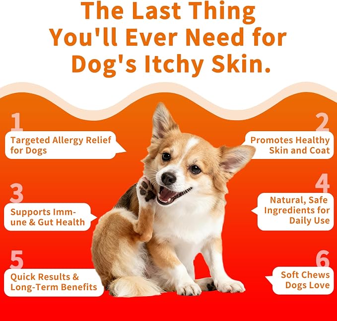 Dog Allergy Chews, Itch Relief Chews, Salmon Oil Omega-3/6, Probiotics | Vet-Recommended, Soft Chews, Vitamin B1/B2/B6, Hot Spots/Paw Licking Relief, Colostrum Probiotics, 100ct