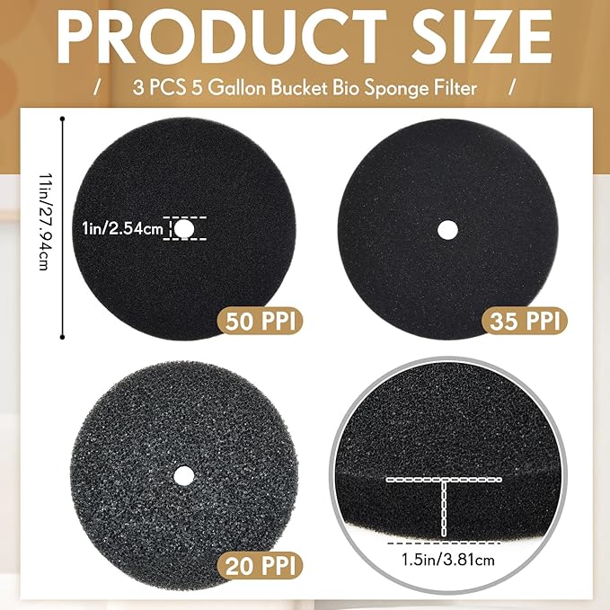 Wonderjune 3 Pcs 5 Gallon Bucket Sponge Filter 11" Aquarium Pond Sponge Filter DIY Foam Sponge Replacement Rounded, 3 Densities Cut to Size Foam for Aquarium Fish Tank Pet Filter (20-35-50ppi Set)