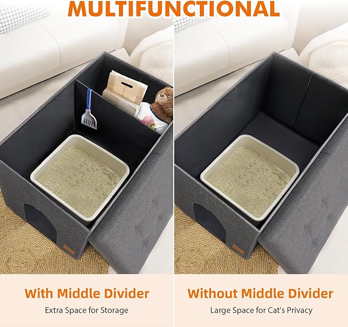 Zerbuger Cat Litter Box Enclosure Furniture for Odor Control, Hidden Cabinet Cats Litter Ottoman with Flip-Up Lid,Cat Litter Box Bench with Storage Space, Dog Proof(Grey, X-Large)