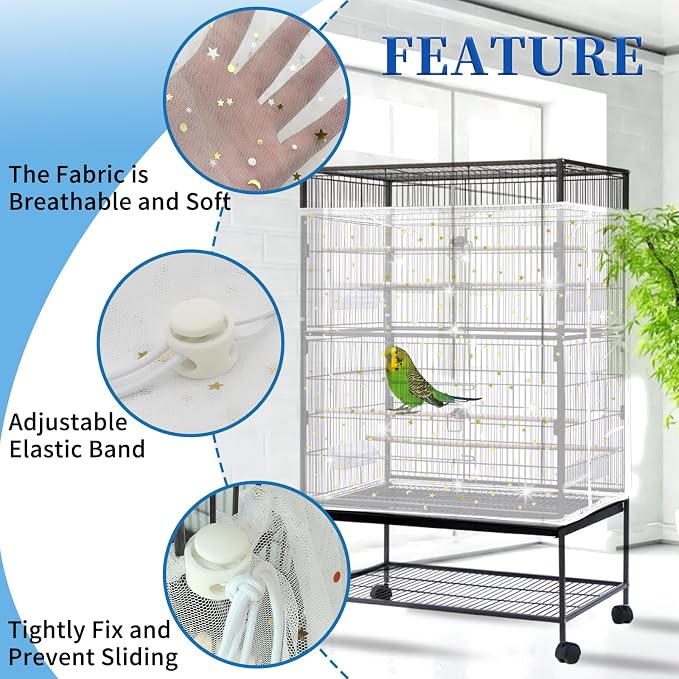 Daoeny 2PCS Bird Cage Seed Catcher, Large Bird Cage Cover, Adjustable Soft Airy Nylon Mesh, Birdcage Cover Skirt Seed Guard for Parrot Parakeet Macaw Round Square Cages (Black & White Sequins Star)
