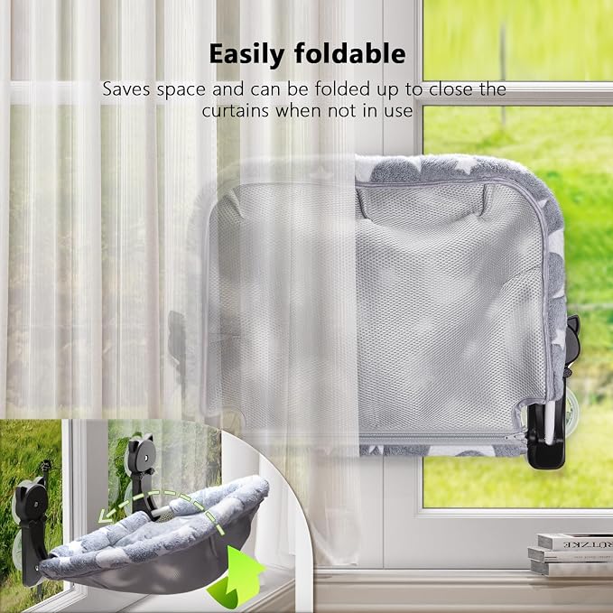 JUNSPOW Cat Window Perch Cordless, Glow in The Dark & Stable Cat Beds- Breathable Window Hammock for Overlooking, Sunbathing and Climbing - Maximum Hold Up to 40lb(Grey+Cream)