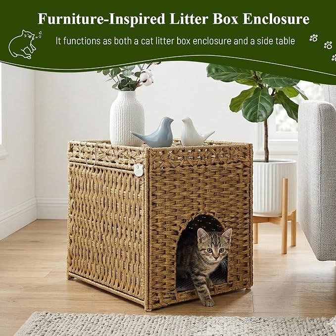 Neti Neti Cat Litter Box Enclosure Furniture, A Calm Enclosed Space Chosen by Cats, Handwoven Rattan Hidden Cabinet with 2 Removable Mats, Large Foldable Design for Indoor Use, Small, Natural