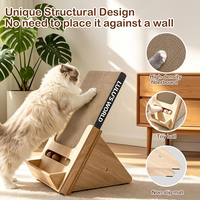 Lulu's World Cat Scratcher with Wooden Stand, Replaceable Scratching Cardboard with Ball Toy for Indoor Cats,Cat Scratch Pad Wall Mounted for Indoor