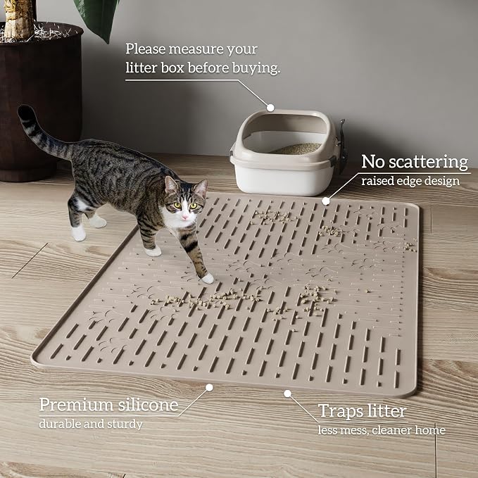 OHMO Cat Litter Mat XXL Trapping Mat Premium Silicone Rubber 37.5x25.2 Beige，Waterproof and BPA Free Kitty Litter Box Mat, Easy to Clean and Keeps the Floor Tidy