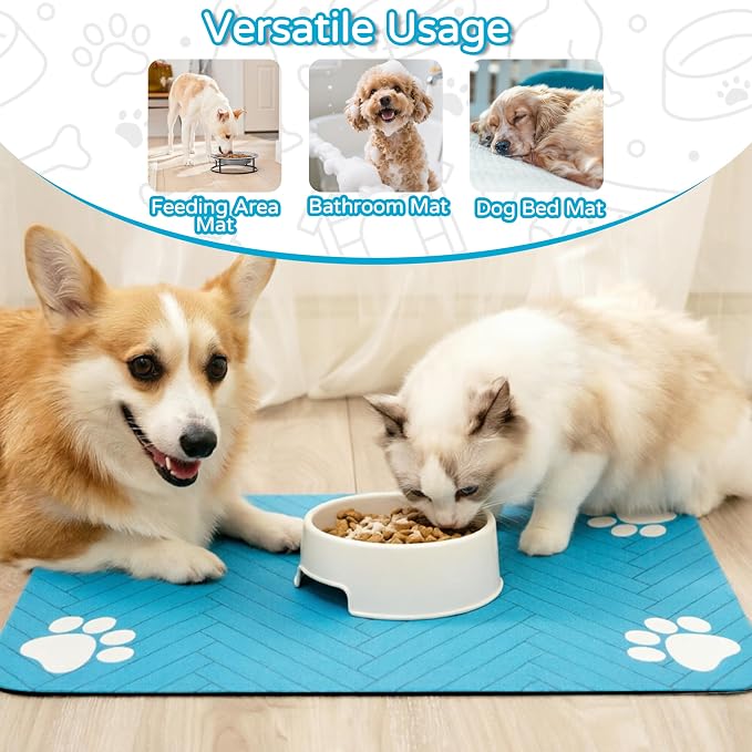 Pet Feeding Mat-Absorbent Dog Feeding Mat for Food and Water Bowl,No Stains Pet Placemat,Quick Drying Water Dispenser Mat for Dog and Cat,Easy to Clean Dog Accessories(M,Blue)