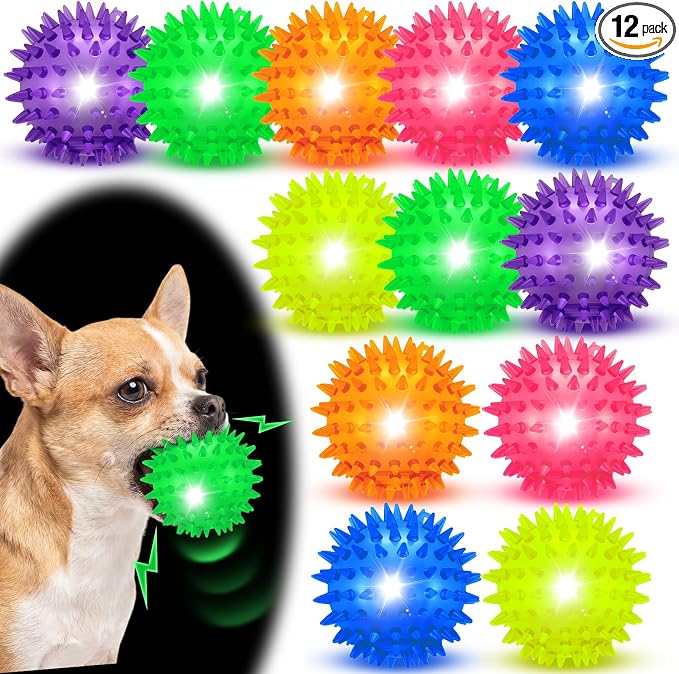 12 Pcs 2.56" Light up Squeaky Dog Balls LED Spiky Dog Toys Ball Durable Interactive Glow Fetch Balls Puppy Chew Toys for Small Medium Pet Clean Teeth