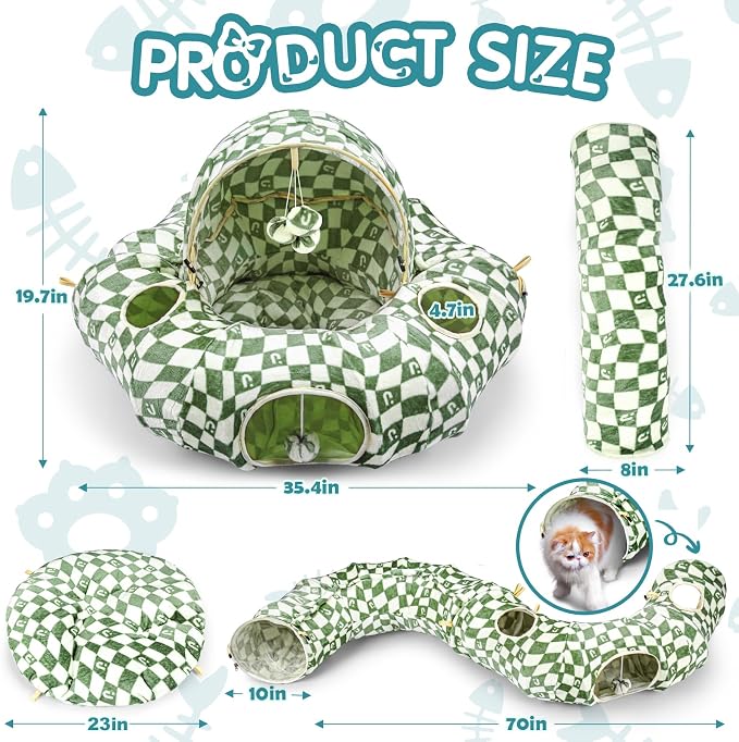 Cat Bed and Tunnel Toy - Cat Donut with Straight Tunnel, Washable Cushion, 4 Hanging Balls, 6 Peek Holes, Collapsible, Green
