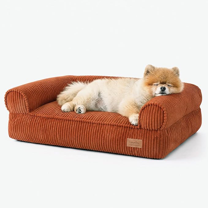 FUKUMARU Dog Couch Bed, Corduroy Cozy Cat Bed for Indoor Cats with Washable Cover, 28in Waterproof Orthopedic Dog Beds Sofa for Small Dogs and Large Cats, Cute Warm Cotton Pet Sofa, Orange