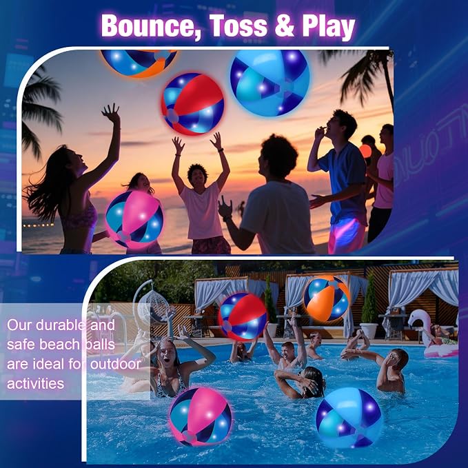 MiniInflat 4 Pcs Light up Beach Balls 16'' Jumbo Pool LED Balls Glow in the Dark Neon Giant Inflatable for Summer Hawaiian Tropical Theme Beach Party Decor Water Accessory (Colorful)